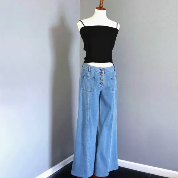 Chloe 6 / F 38 Denim Wide Flare Jeans Bell Bottom Button Fly Patch Pocket - Picture 5 of 15